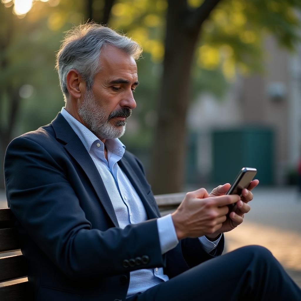 Mężczyzna sprawdzający historię wydatków w telefonie podczas przerwy w pracy